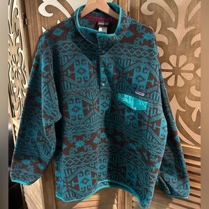 Patagonia Synchilla Fleece Mens Aztec Print Teal/brown snap button pullover